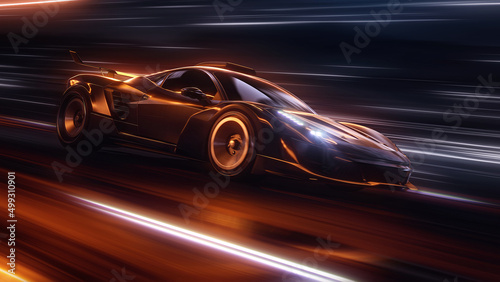 Speeding Sports Car On Neon Highway. Powerful acceleration of a supercar on a night track with colorful lights and trails. 3d render © ilya_levchenko