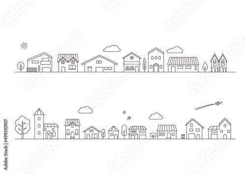 シンプルな黒い線の家と住宅地の街並みベクターイラスト