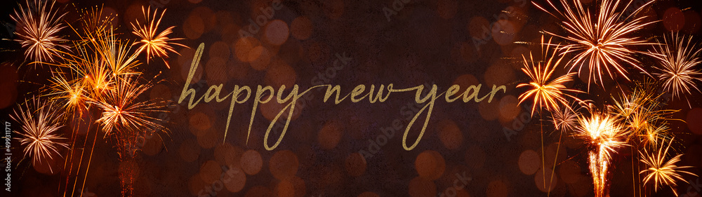 Fototapeta premium Happy New Year 2023, New Year's Eve Party Silvester background banner panorama long- Golden yellow firework on rustic red stone concrete texture, top view with space for text.