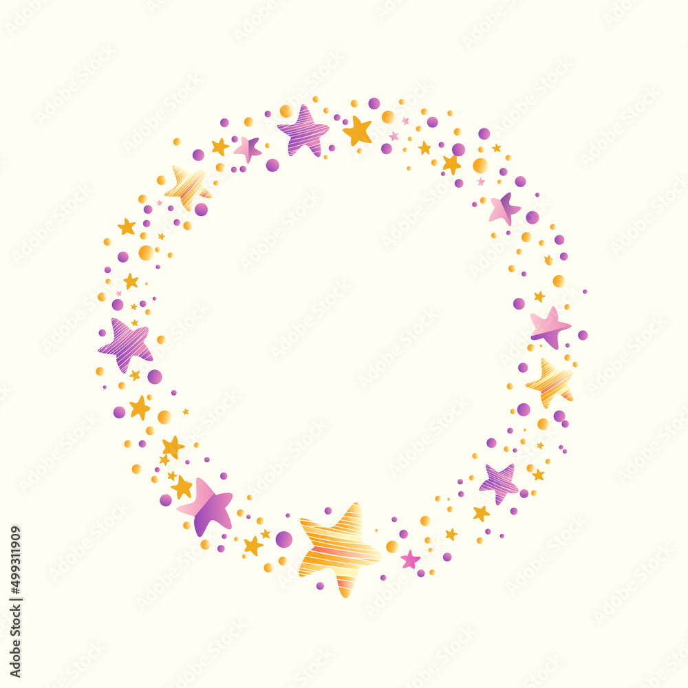 Lovely circle frame with golden and violet stars and dots. Shining holiday background. Vector art