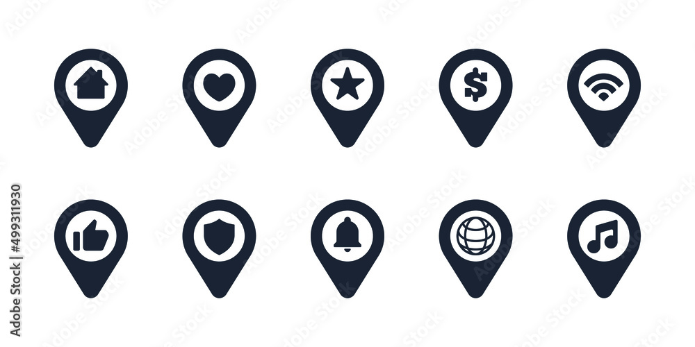 Vector set of location icons in black with different symbols including home, heart, star, money, and more Ideal for app design, web navigation, infographics, and user interface projects Vector set of location icons in black with different symbols including home, heart, star, money, and more Ideal for app design, web navigation, infographics, and user interface projects