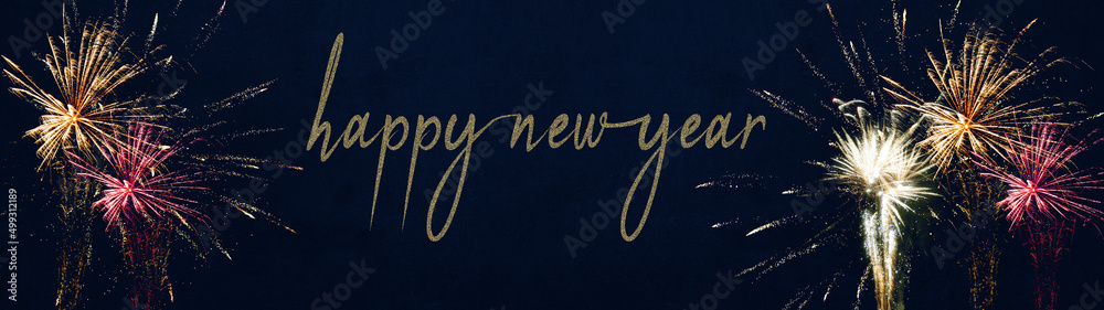 New Year's Eve silvester 2023 New year background banner panorama long- firework fireworks on rustic dark blue night sky texture