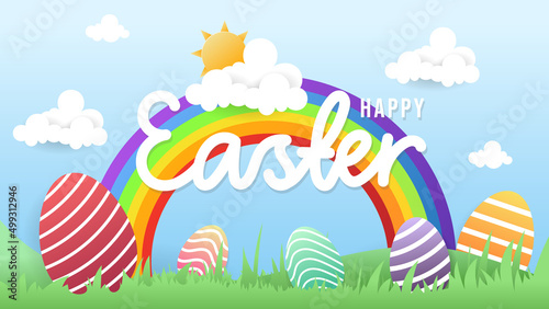 Happy Easter Day with Eggs in the Green Meadow and rainbow and clouds in the sky ,illustration Vector EPS 10