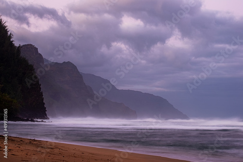 Ke'e Beach Storm clouds with surging surf photo
