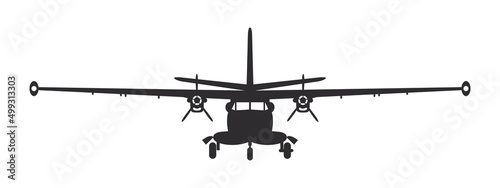 Airplane. Propeller plane with two engines. Airplane silhouette front view. Flight transport symbol. Vector image