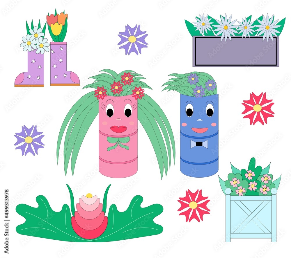 Fototapeta premium Set of garden flowers. Boots, barrels and different containers for flowers are used. Cartoon characters in the form of a pair of barrels with flowers. Vector flat illustration. 