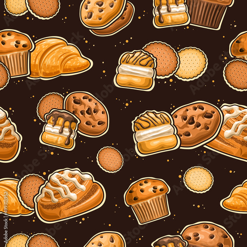 Vector Bakery Seamless Pattern, repeat background with set of cut out illustrations sweet bakery, marie cookie, traditional french sweets with custard creme, drizzle danish cinnabon on dark background