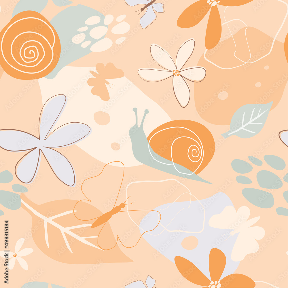 Seamless pattern with summer abstract ornament. Simple minimalistic print with flowers, snails, butterflies. Vector graphics.