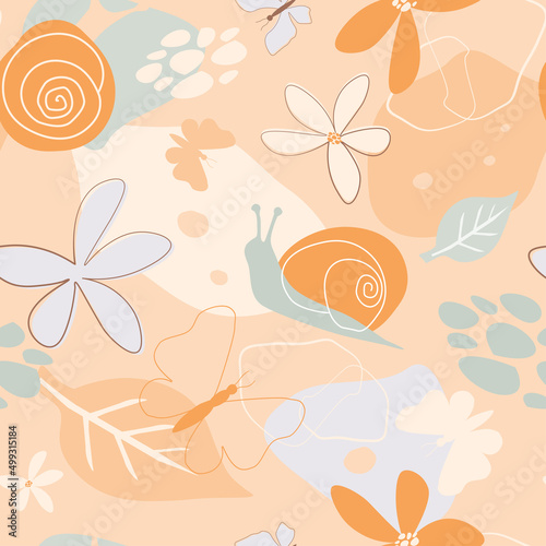Seamless pattern with summer abstract ornament. Simple minimalistic print with flowers, snails, butterflies. Vector graphics.