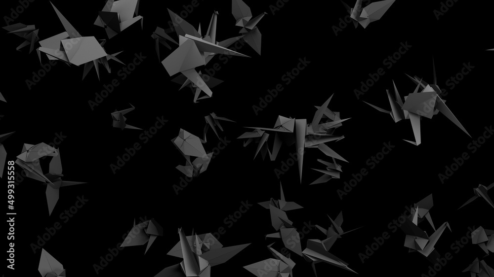 Black origami crane on black background.
3D illustration for background.