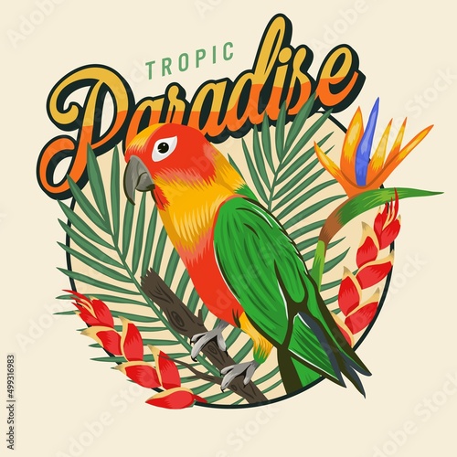 Tropical labels with parrot and heliconia, strelitzia, leaves palm  isolated vector. Emblem for t-shirts.