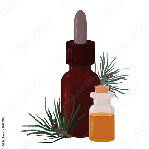 brown glass bottle with pipette and glass transparent bottle for essential oil with pine branches, vector illustration