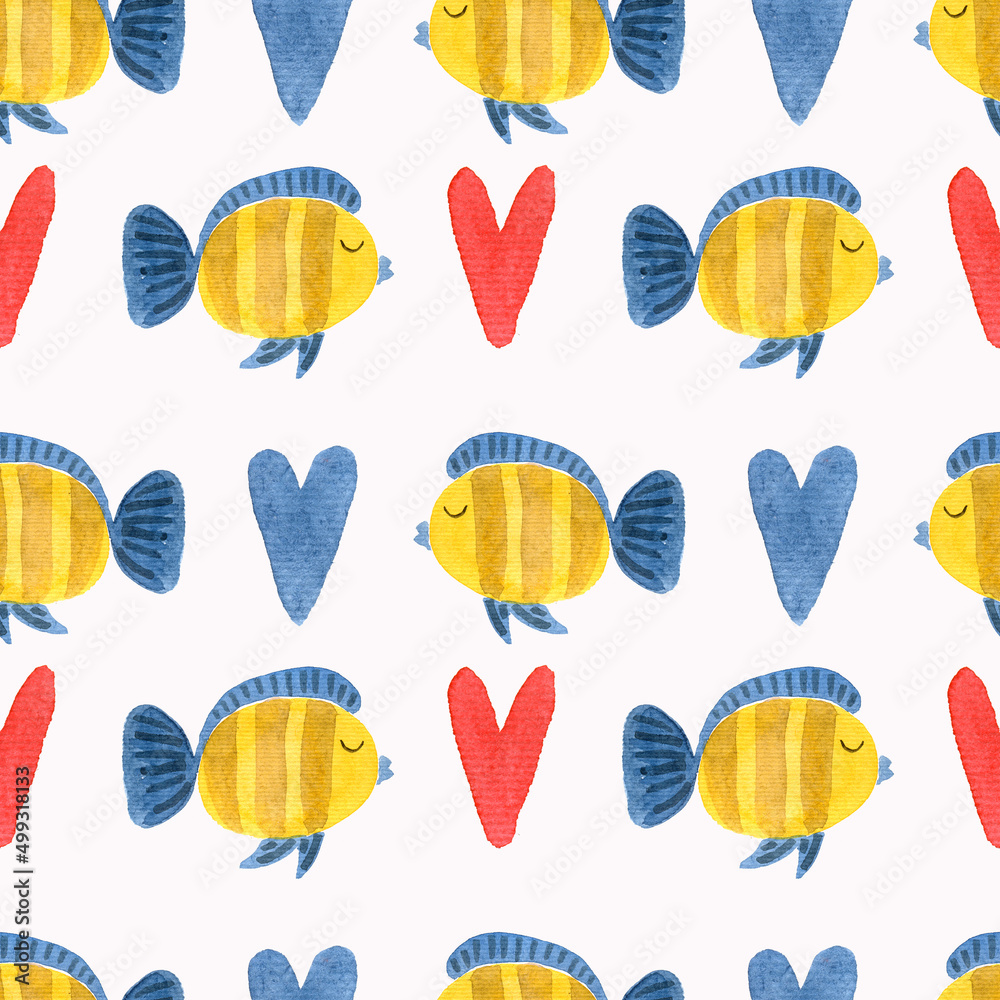 Seamless watercolor pattern cute striped fish yellow with blue.
