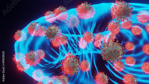 Mutated Omicron SARS-CoV-2 viruses. Electron microscope transparent enlargement size computer model, 3D rendering.