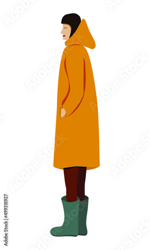 Standing sad girl in raincoat and galoshes in vector
