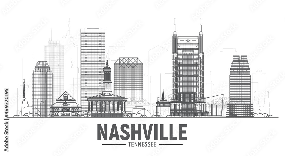 Nashville Tennessee skyline with a panorama on a white background. Vector Illustration. Business travel and tourism concept with modern buildings. Image for banner or website
