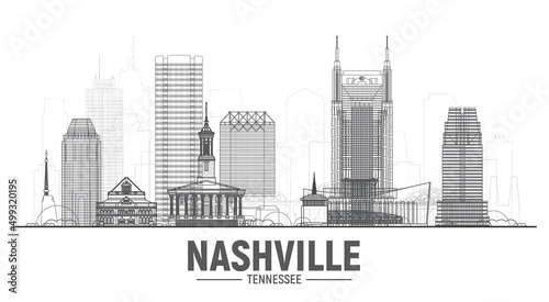 Nashville Tennessee skyline with a panorama on a white background. Vector Illustration. Business travel and tourism concept with modern buildings. Image for banner or website 