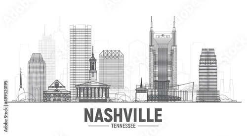 Nashville Tennessee skyline with a panorama on a white background. Vector Illustration. Business travel and tourism concept with modern buildings. Image for banner or website
