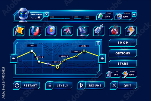 Big set buttons and icon for games app. Glass game UI kit. Space game icon.
 photo