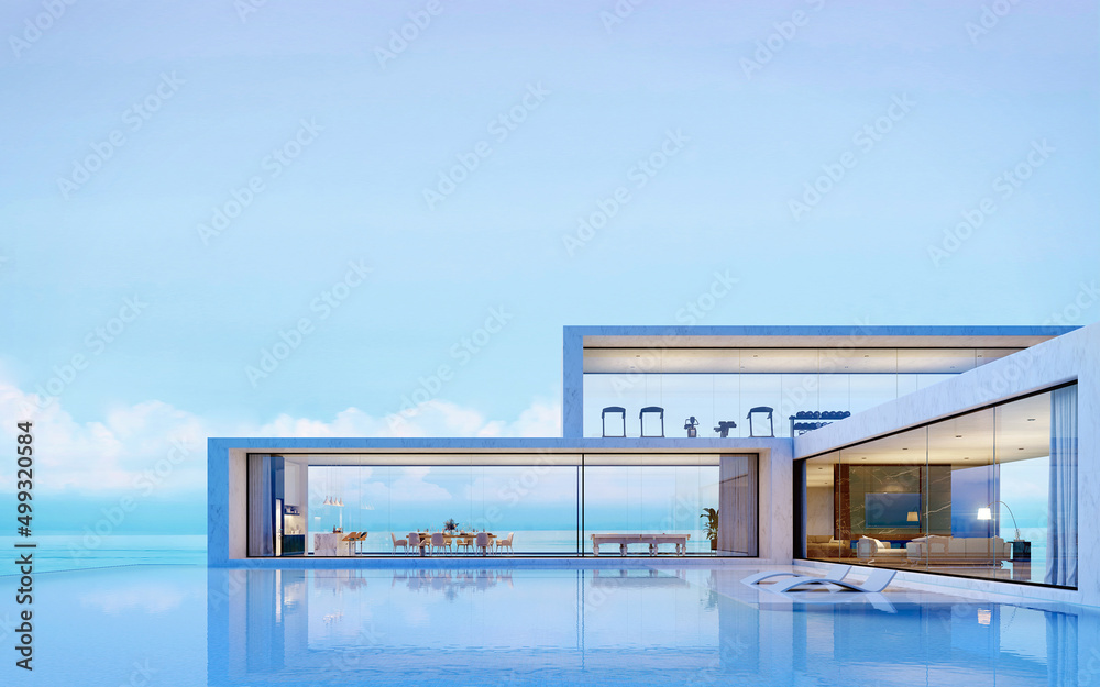 Modern luxury pool villa with sea view background.3d rendering - obrazy, fototapety, plakaty 