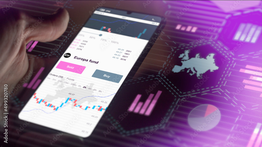 Exchangetraded european etf fund chart, stock europe market data on smartphone. Business