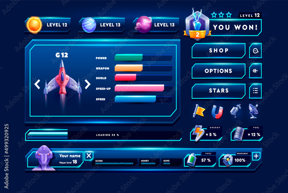 Game interface kit great for 2D mobile games. Space game elements.
