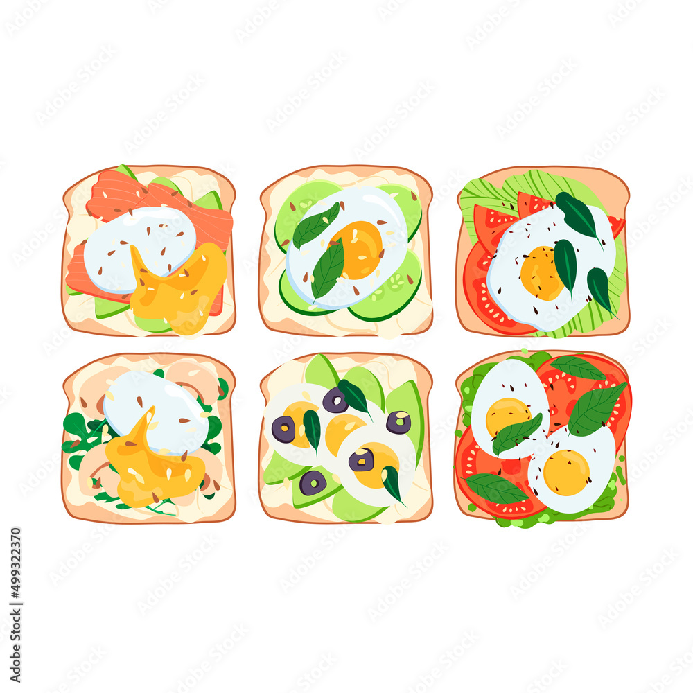 Set of toasts or sandwiches with egg, avocado, vegetables, salmon, mushrooms. Balanced healthy diet, breakfast, snack. Keto diet.