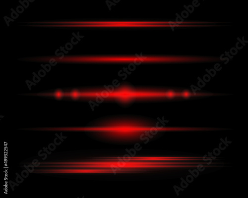 A set of red horizontal lines, highlights and flashes on a transparent background. Laser beams, horizontal light beams. Glowing abstract glitter background with lined.