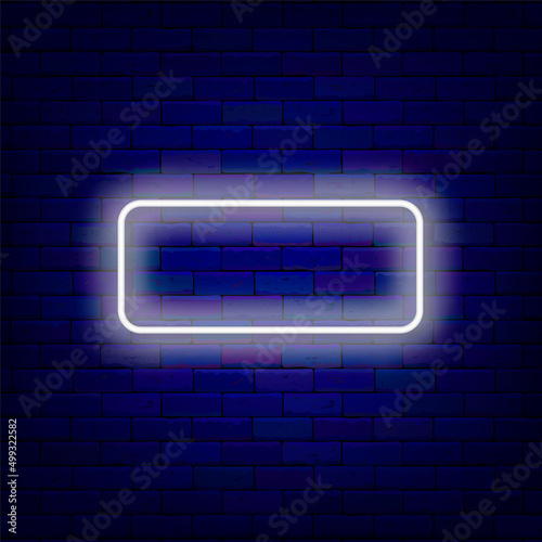 Rectangular white neon frame on brick wall. Horisontal framing. Empty border. Editable stroke. Vector illustration