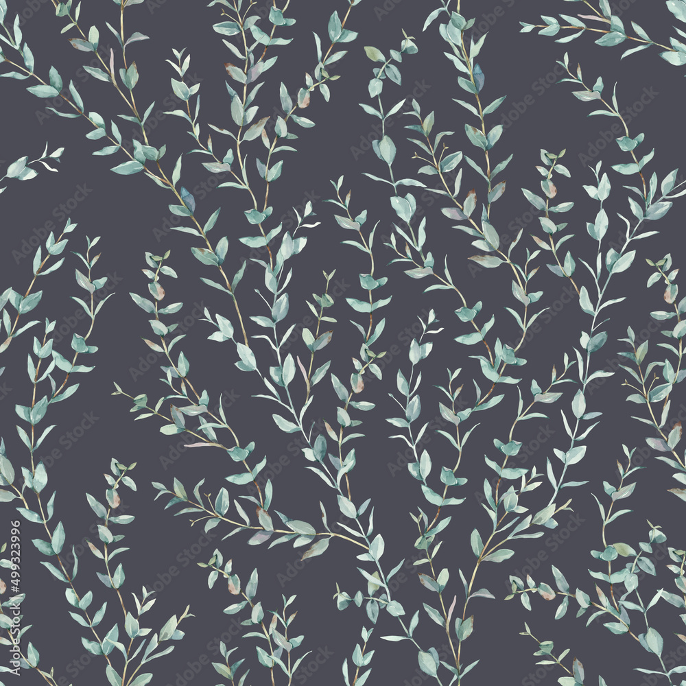 Seamless elegant pattern on a dark background with pale green twigs and eucalyptus leaves. Painted in watercolor. For fabric, wrapping paper, wallpaper and your other design Seamless elegant pattern on a dark background with pale green twigs and eucalyptus leaves. Painted in watercolor. For fabric, wrapping paper, wallpaper and your other design
