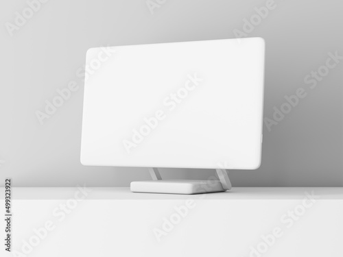 All in one Desktop computer Monitor white clay Mockup on white cube, 3d rendering