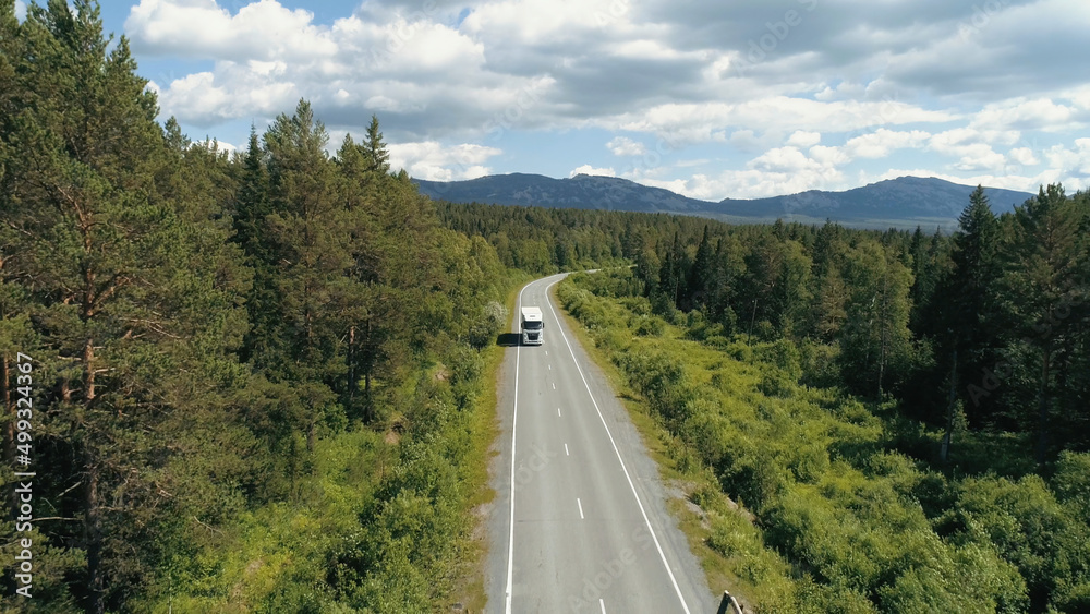 Top view of truck driving along highway in forest area. Scene. Truck is driving along highway among green forest on background of mountains. Truck goes along route in forest area on sunny summer day