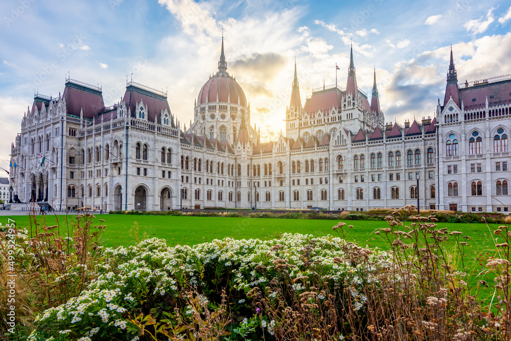Hungarian parliament building at sunset in Budapest, Hungary