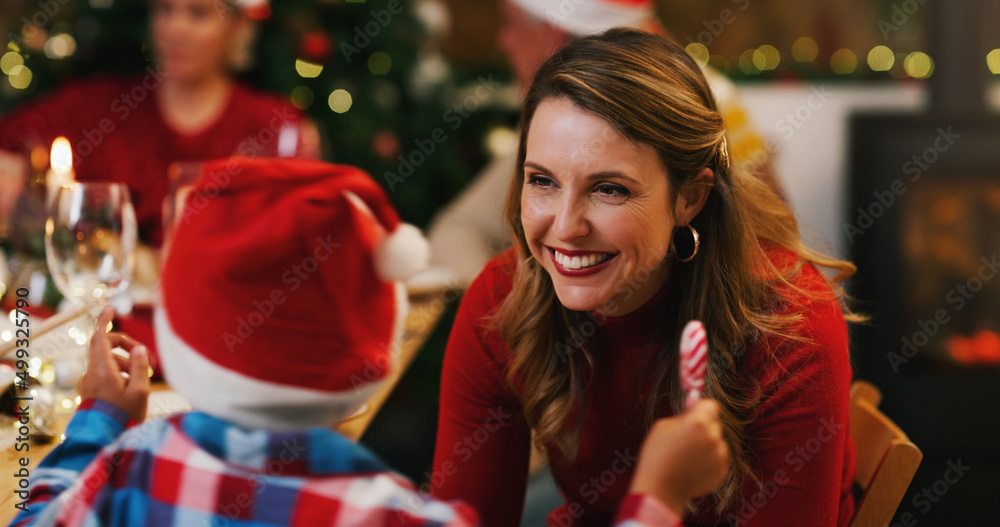 Christmas, a time to appreciate the little things. Shot of a young woman enjoying a Christmas dinner party with her son and family at home.