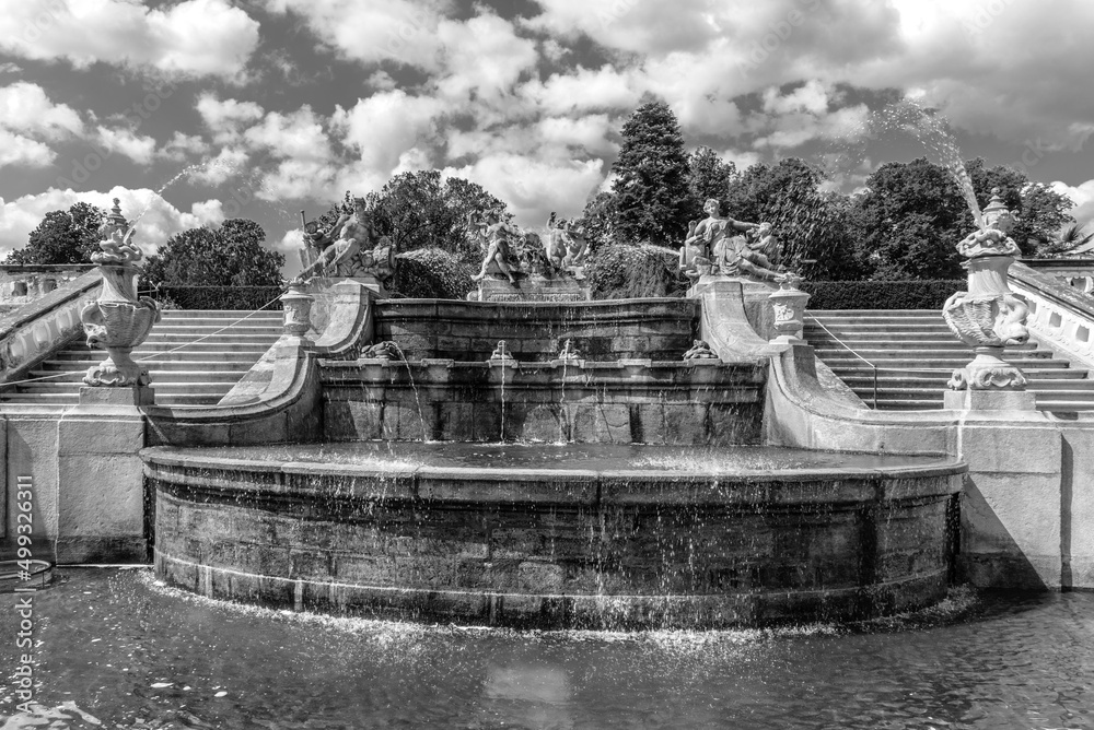 Decorated fountain in baroque Castle Gardens of Cesky Krumlov