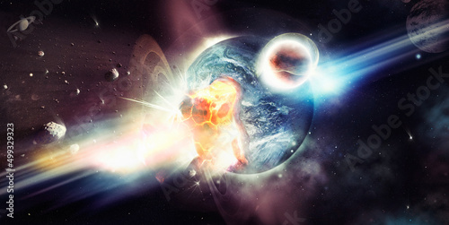 The destructive bombardment of a planet. Image of an apocalyptic scene with meteors smashing into a planet.