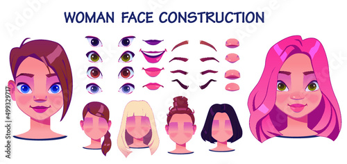 Woman face constructor, avatar of cartoon creation heads, hairstyle, nose, eyes with eyebrows and lips. Facial elements for construction isolated on white background. Vector illustration.