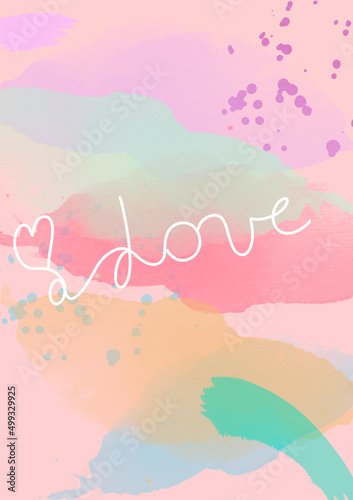 The illustration is of the backgrounds and textures type. It is made in the style of abstraction. The pink, yellow, and turquoise strokes and world lovegive the illustration brightness and tenderness  photo