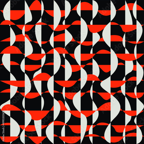 Vector illustration is a beautiful abstract seamless ornament with wavy orange and white lines on a dark background. Concept - fabric, wallpaper or paper