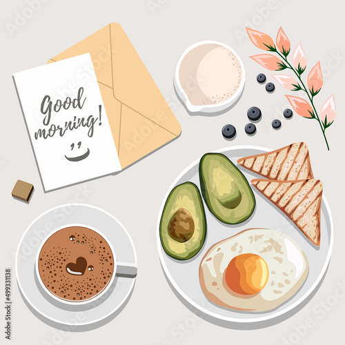 Breakfast is a view from above. Coffee, fried eggs, avocado. Good morning wishes.  An envelope with a note. Romantic breakfast. Vector