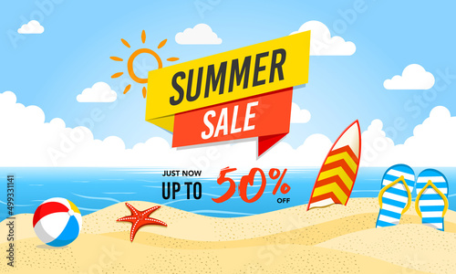 Summer Sale beach and sea and sky banner or poster