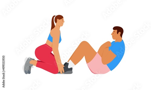 Couple doing sport and work out. Working on abs, girl assisting to do crunches. Vector illustration