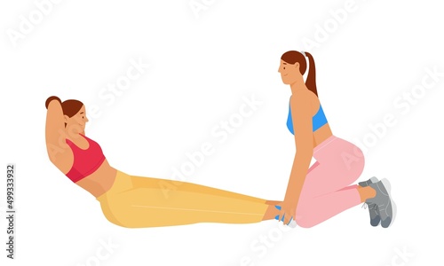 Young women doing sport and work out. Working on abs, assistance in doing crunches. Vector illustration