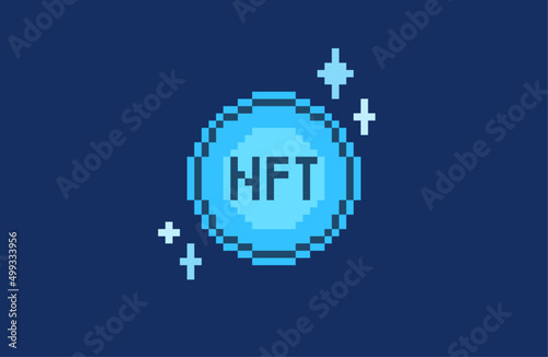 NFT crypto pixel app icon. Non fungible token 8bit design of blue color. Crypto currency art and assets proof of own concept. © itsmaku
