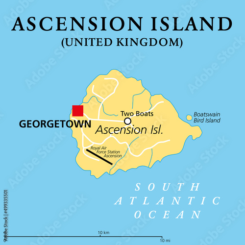 Ascension Island, political map. Tropical island and British Overseas Territory in the South Atlantic Ocean, with capital Georgetown. Illustration. Vector.