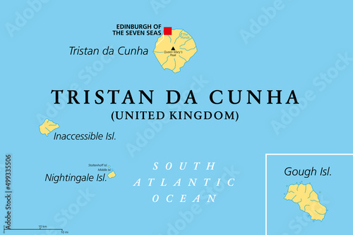 Tristan da Cunha, Inaccessible, Nightingale and Gough Island political map. Remote group of volcanic islands in the South Atlantic. British Overseas Territory with capital Edinburgh of the Seven Seas. photo