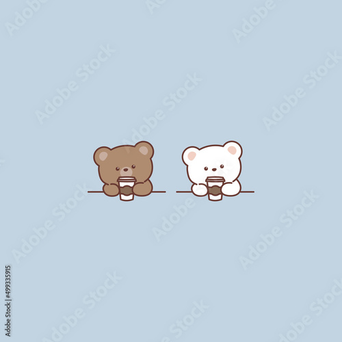 Cute brown bear and polar bear with coffee cub cartoon, vector illustration