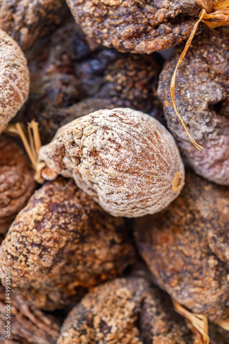 Top view of delicious dried figs isolated on white, panoramic shot. dried figs background