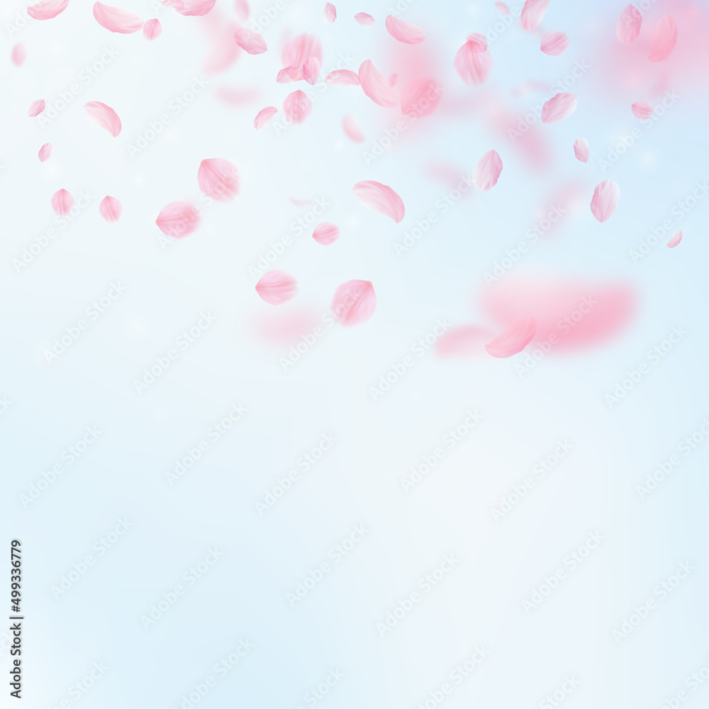 Sakura petals falling down. Romantic pink flowers gradient. Flying petals on blue sky square background. Love, romance concept. Captivating wedding invitation.