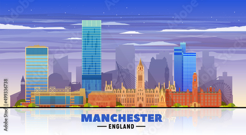 Manchester England skyline with panorama in sky background. Vector Illustration. Business travel and tourism concept with modern buildings. Image for banner or web site.
